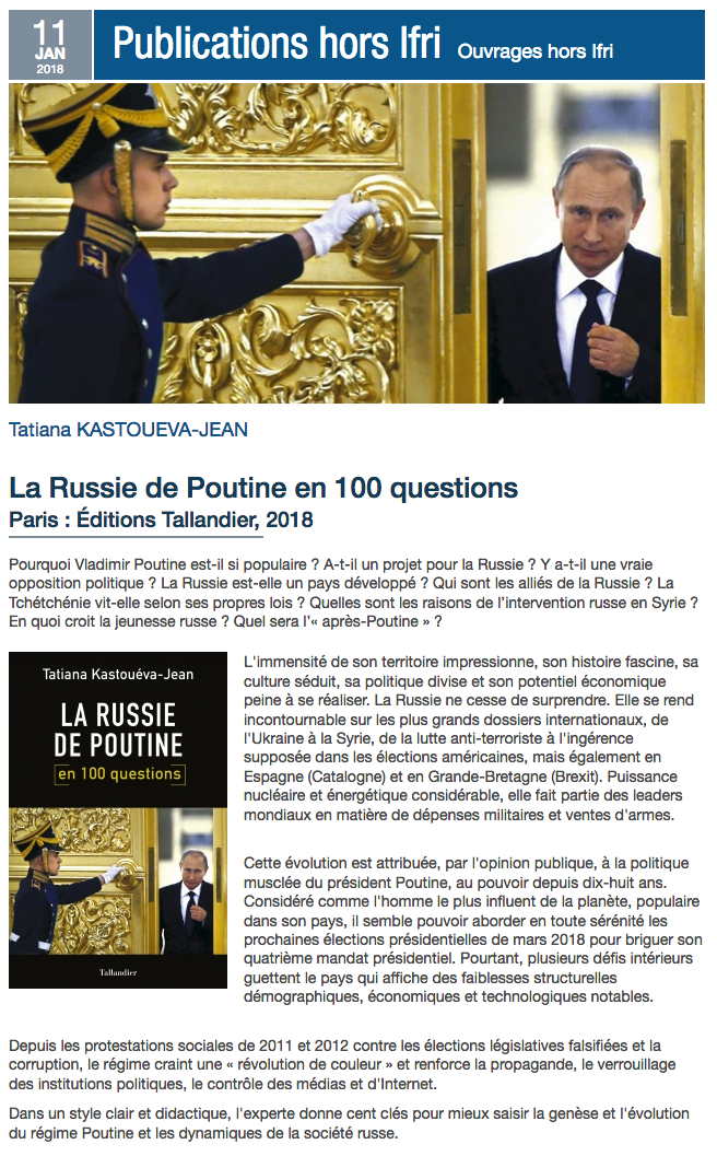 Page Internet. Editions Tallandier. La Russie de Poutine en 100 questions. 2018-01-22